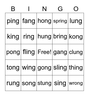-ng word family Bingo Card