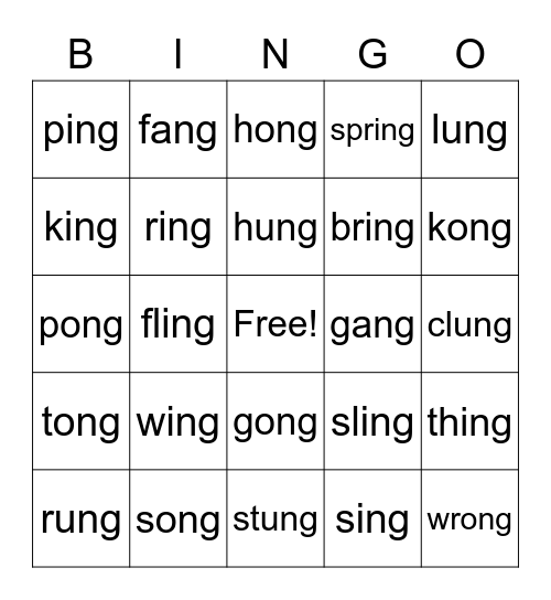 -ng word family Bingo Card