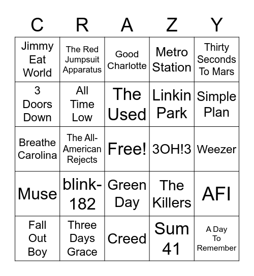 Emo Brunch: Artists Bingo Card