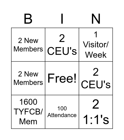BNI Infinity Goals Bingo Card