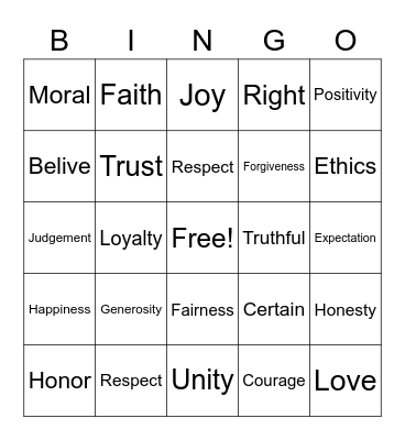 Integrity Bingo Card