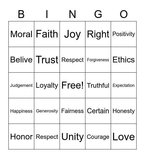Integrity Bingo Card