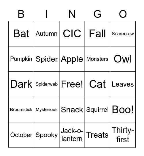 CIC Virtual Halloween Party! Bingo Card