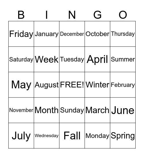 Days of the Week, Months of the Year and the Seasons Bingo Card