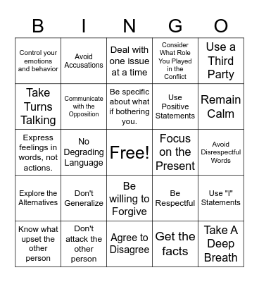 Conflict Resolution Bingo Card