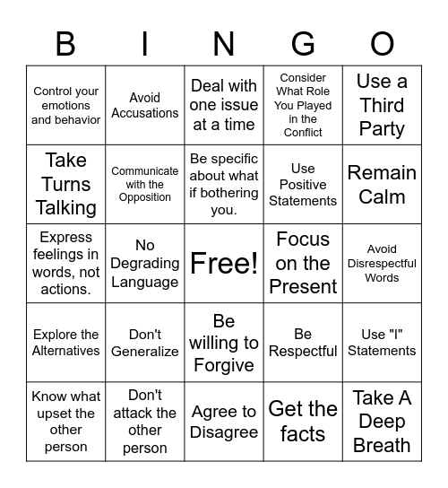 Conflict Resolution Bingo Card