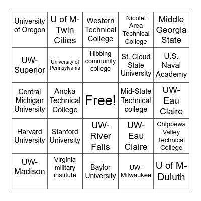 Post Secondary Education Presentations Bingo Card