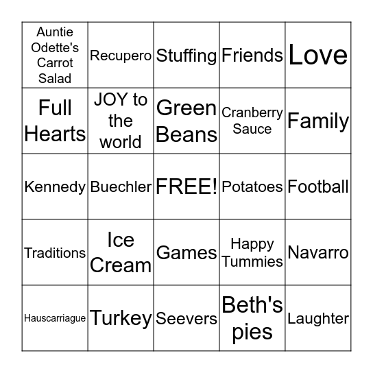 T                   H                   A                N               K -   O Bingo Card