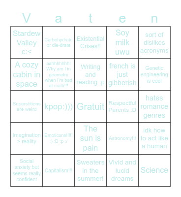 Julian's Bingo Card