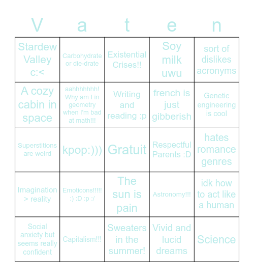 Julian's Bingo Card