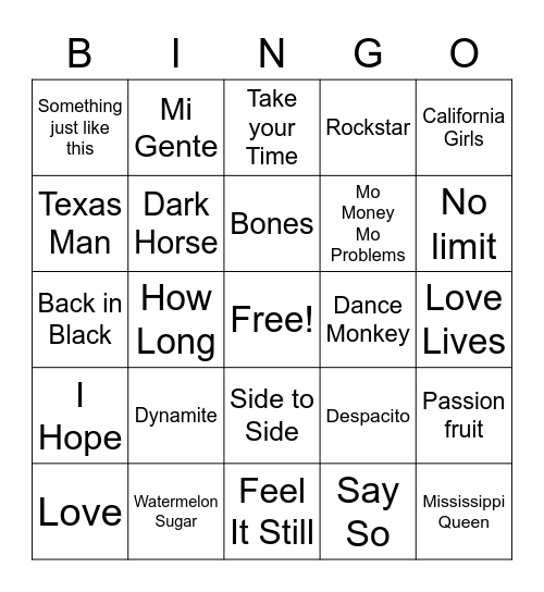 Name that Song Bingo Card