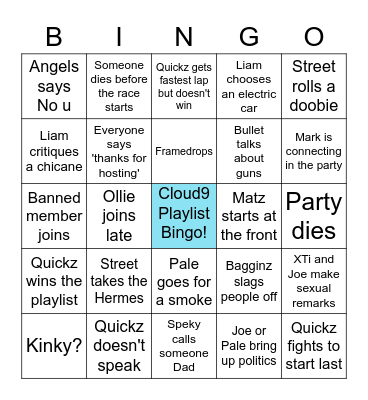Cloud9 Playlist Bingo Card