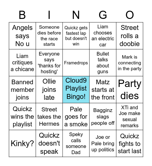 Cloud9 Playlist Bingo Card