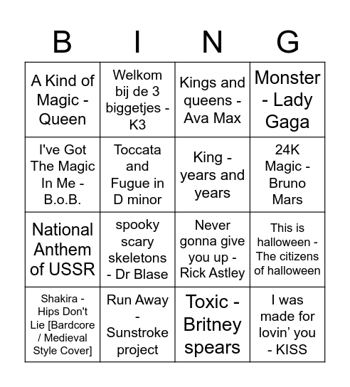 Muziekbingo Grimmige spelletjes FeestCie Bingo Card