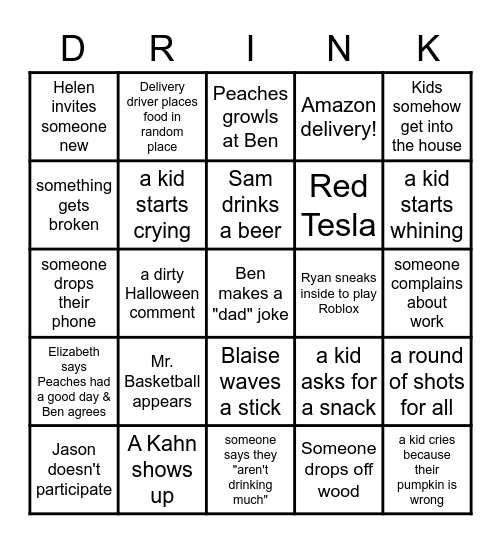 Driveway Drinking 2020 Bingo Card