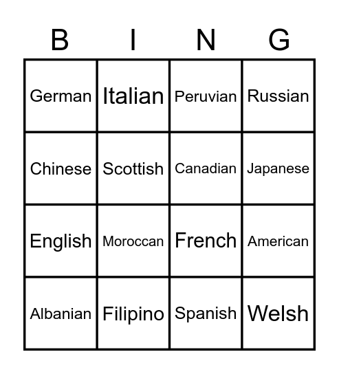 Unit 1 - Countries and Nationalities Bingo Card