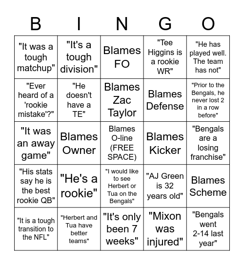 BURROWSEXUAL EXCUSES Bingo Card