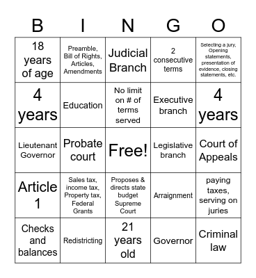 Georgia Bingo Card