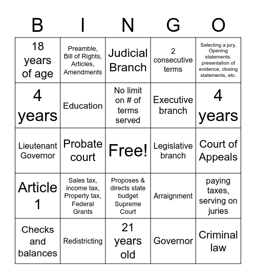 Georgia Bingo Card