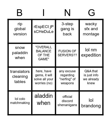 SINoALICE Times Bingo Card