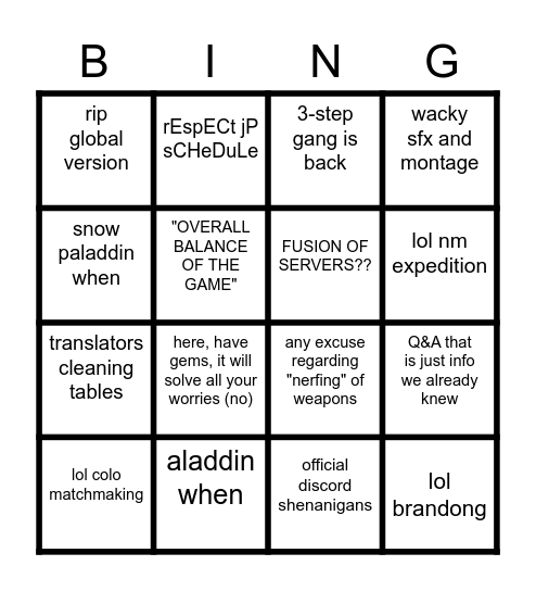 SINoALICE Times Bingo Card