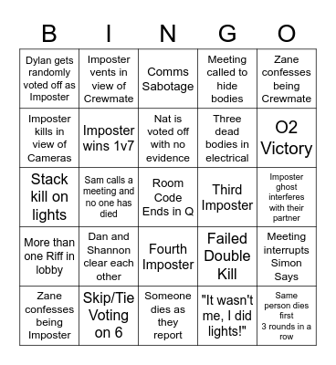 Among Us Bingo Card