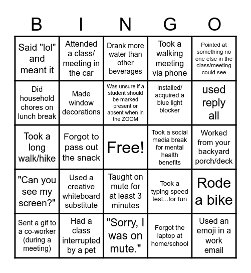 Quarantine/Hybrid/Remote Bingo Card