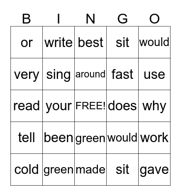 Sight Words Bingo Card