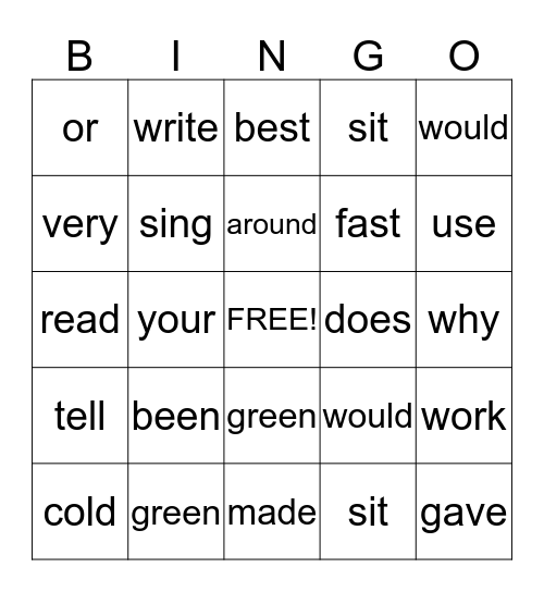 Sight Words Bingo Card