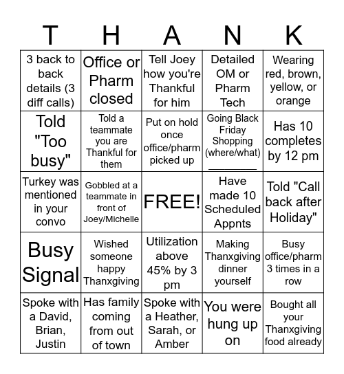 Lets Give Thanks Bingo Card