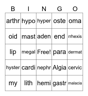 Medical Terms Bingo Card