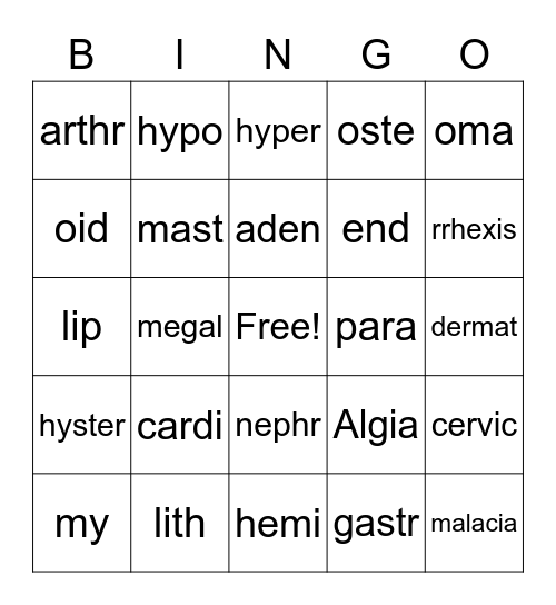 Medical Terms Bingo Card