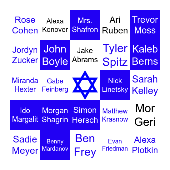 Israeli Culture Club Bingo Card