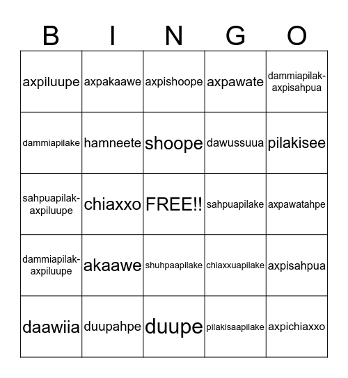 Crow Bingo Card