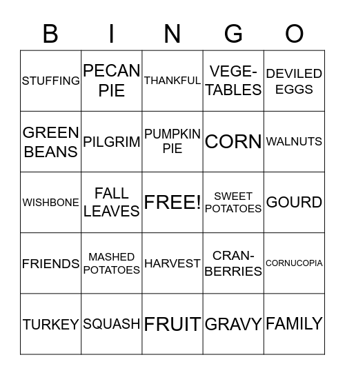 THANKSGIVING  Bingo Card