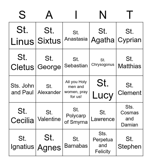 All Saints' Day Bingo Card