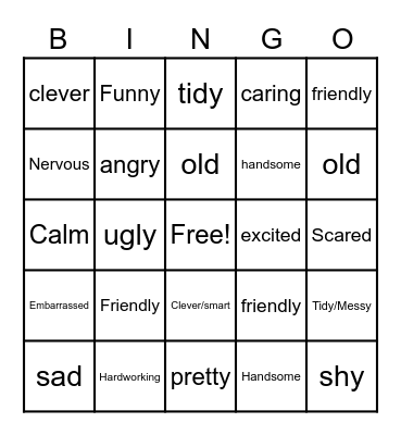Adjectives bingo Card