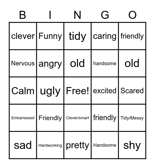 Adjectives bingo Card