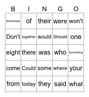 Sight Words Bingo Card