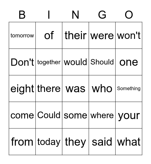 Sight Words Bingo Card