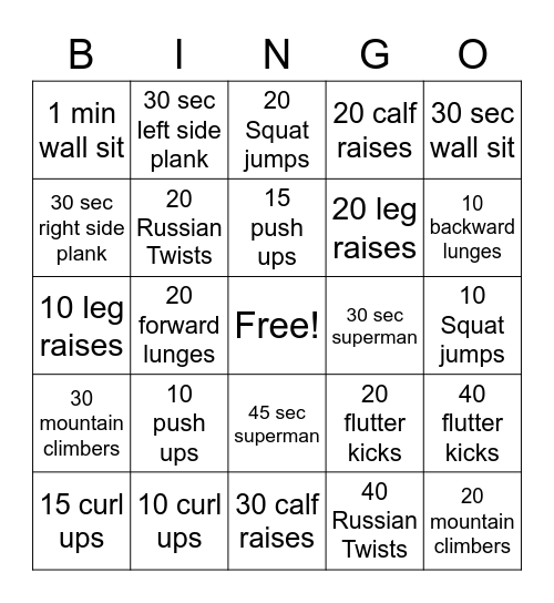 PE Bingo 3 Bingo Card