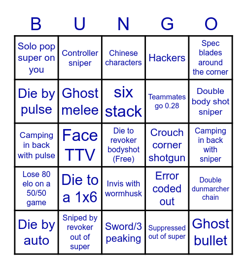 Destiny Bullshit Bungo Bingo Card