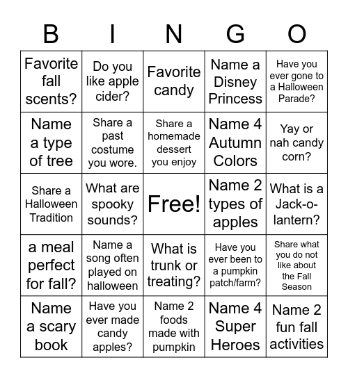 Halloween/Autumn Bingo Card