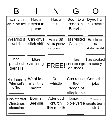 Family Bingo Card