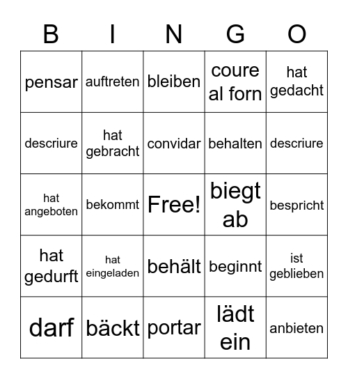 Unregelmäßige Verben Bingo Card