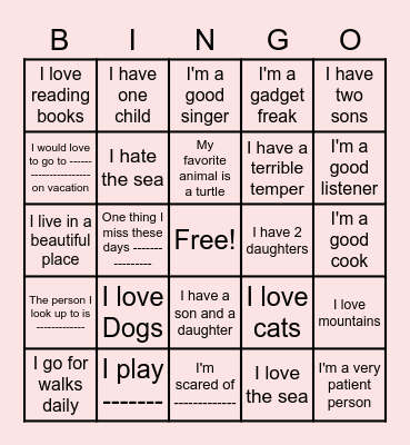 Getting to know each other Bingo Card