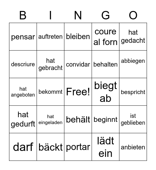 Unregelmäßige Verben Bingo Card