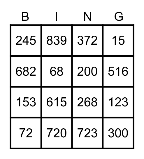 Place Value Bingo Card