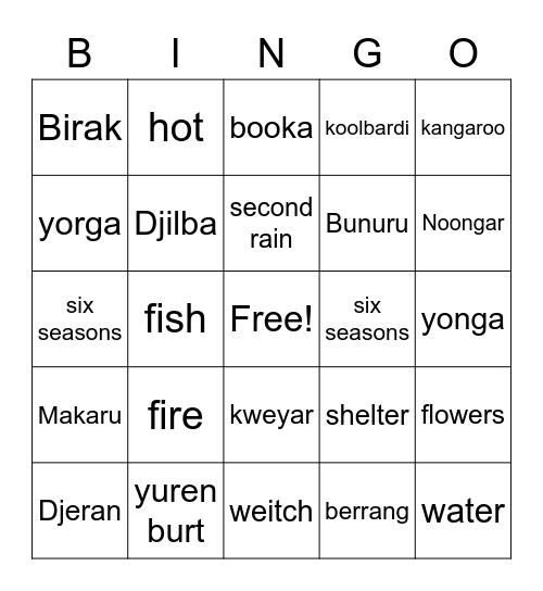 Noongar Six Seasons Bingo Card