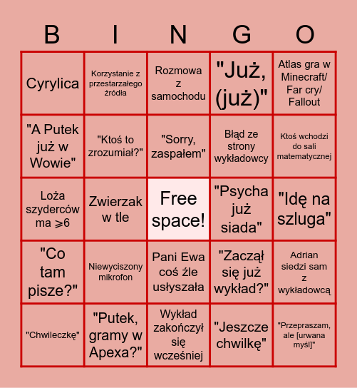 Bingo wykładowe Bingo Card